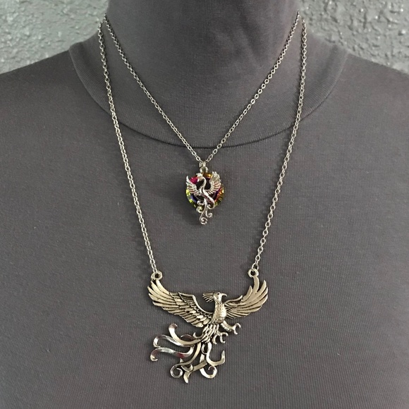 Hand Crafted Jewelry - Rising Phoenix Jean Grey Silver Handmade 2-Layer Mythology Necklace Marvel Comic